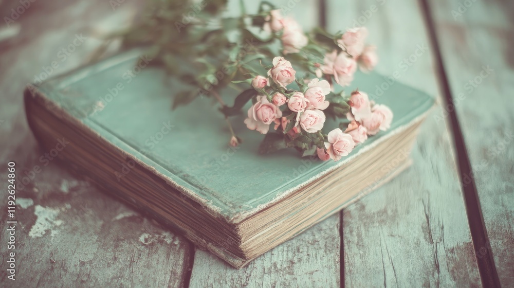 Poster vintage book with flowers on rustic wooden background in soft tones and blurred focus capturing a na