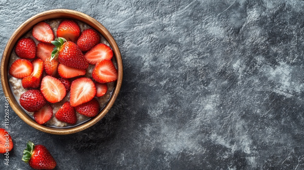 Poster Bowl of creamy porridge topped with fresh sliced strawberries on dark textured tabletop space for additional text or design elements