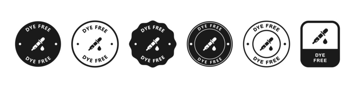 Dye free icon. Set collection of vector symbol of no synthetic additives colorant. Sign of no artificial chemical acidity enhancer ingredients food quality badge.