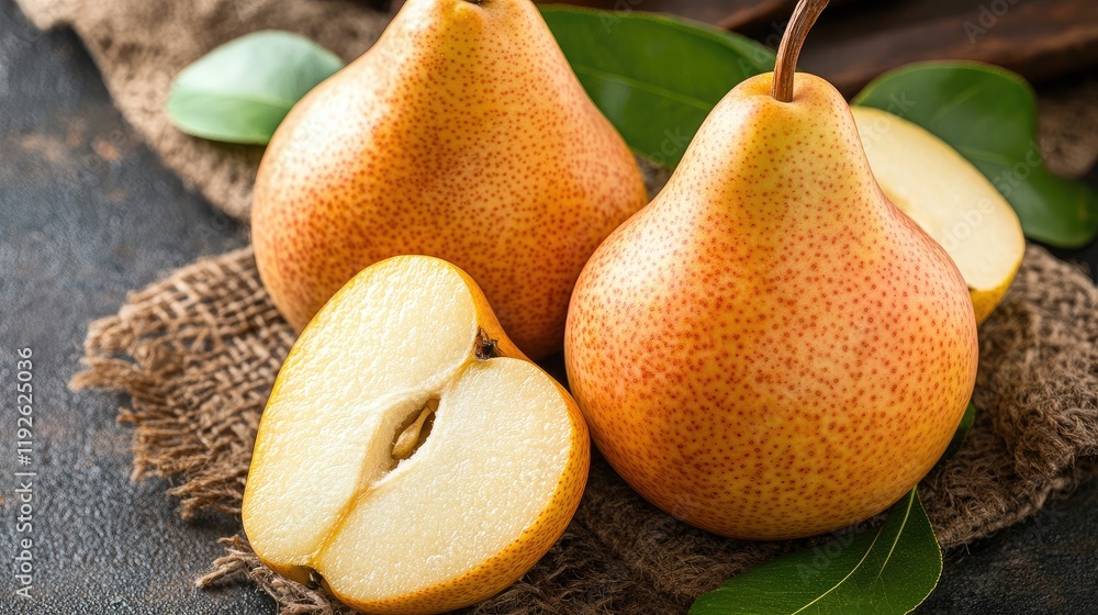 Poster Fresh ripe pears displayed on burlap with leaves on a dark surface showcasing their natural texture and color in horizontal format.