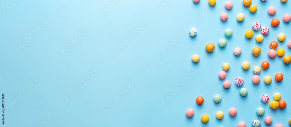 Poster Colorful candy scattered on a blue background with ample empty space for text perfect for festive or promotional designs
