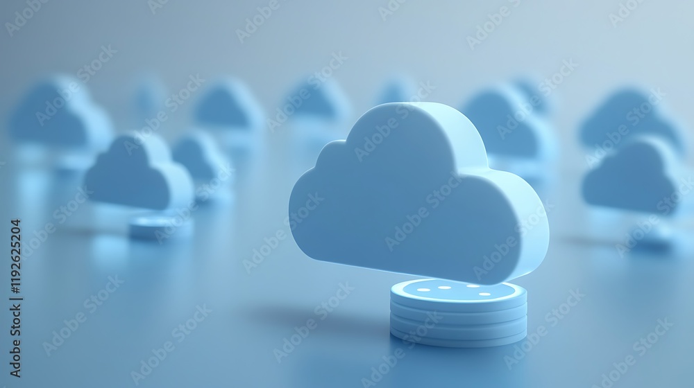 Poster abstract cloud computing concept with 3d cloud shapes and digital coins representing data storage an