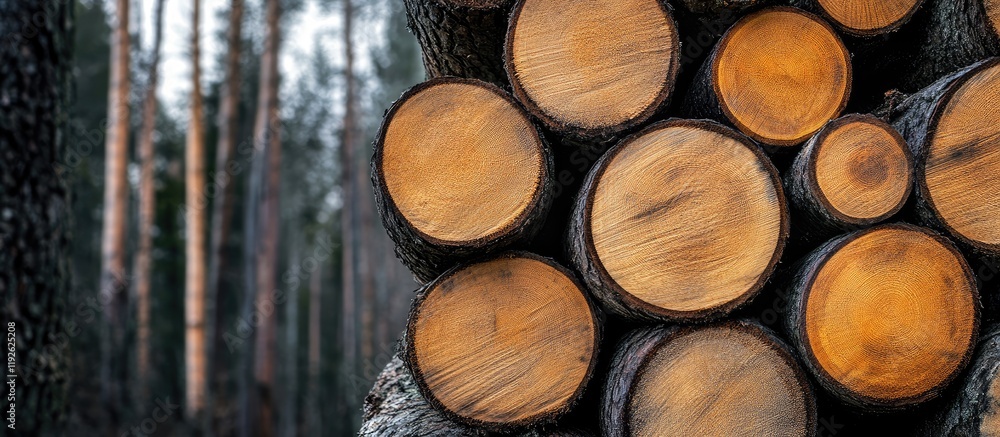 Poster stacked wooden logs in forest with empty space for text natural background for advertising environme