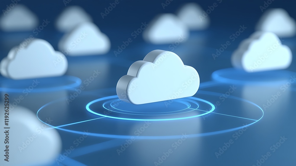 Poster abstract cloud computing concept with 3d clouds and digital circles on blue technology background