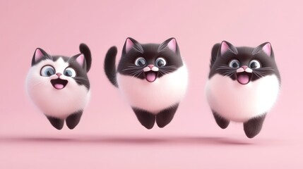 Obraz premium Three adorable cartoon kittens joyfully leap against a soft pink backdrop.