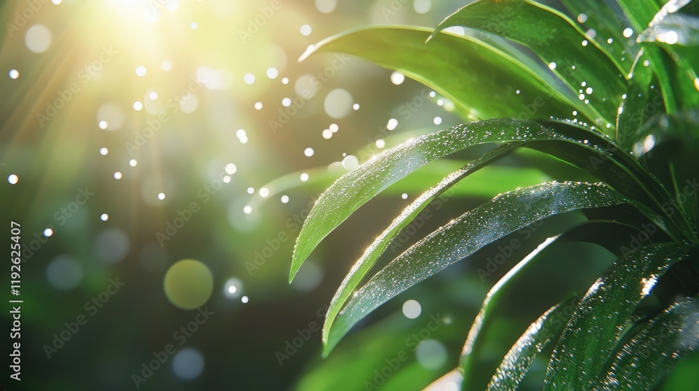 Poster bokeh sunlight shining through green leaves with water droplets creating a serene nature background 
