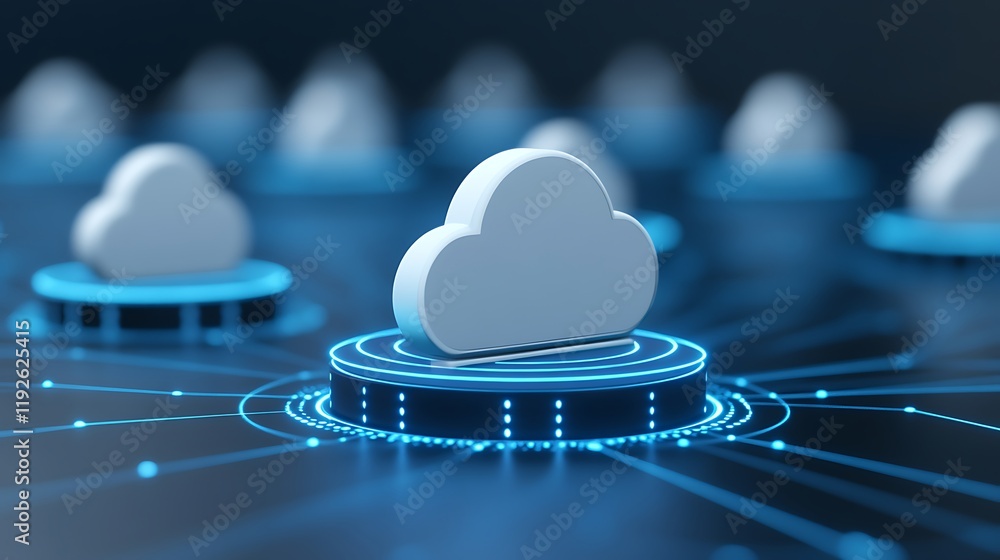 Poster abstract cloud computing concept with 3d icons and digital circuits in a modern technology backgroun