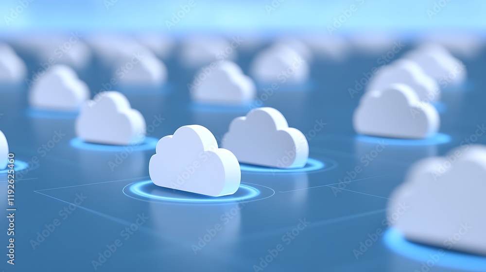 Poster abstract cloud computing concept with 3d white clouds on blue digital network background
