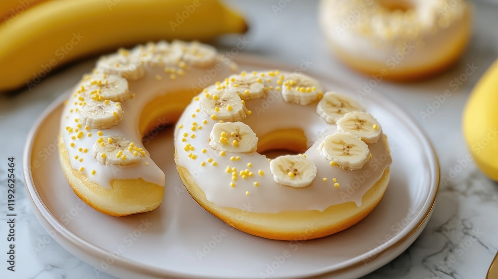 Poster banana flavored doughnuts decorated with sliced bananas and sprinkles on a marble surface