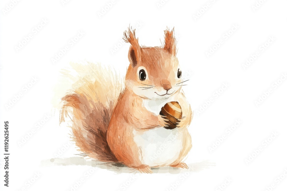 Poster cute squirrel holding an acorn in a whimsical illustration set against a simple background. generati