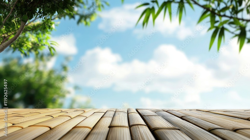 Poster bamboo flooring with tree foliage and blue sky background showcasing a serene natural environment an