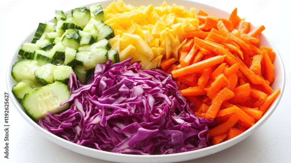 Poster vibrant rainbow salad with curried cabbage carrots and cucumber in a large serving bowl