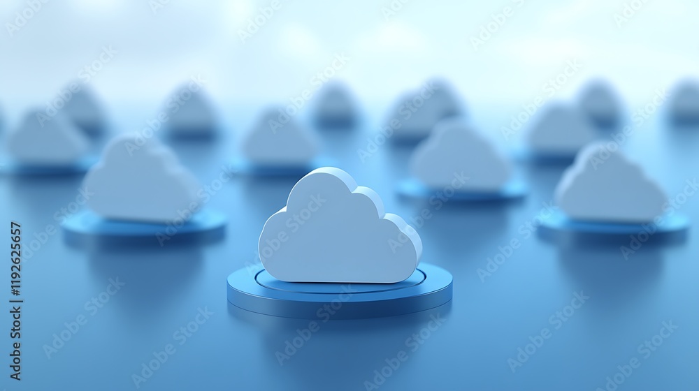 Poster abstract cloud computing concept with blue circular platforms and soft focus background