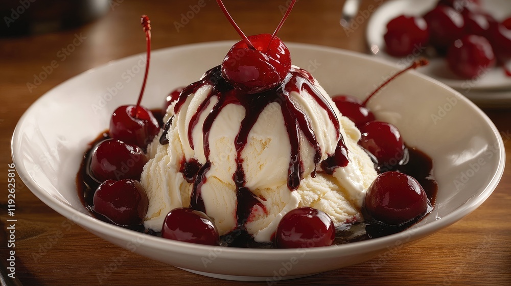 Poster classic vanilla ice cream sundae served with cherries and chocolate sauce on a rustic table highligh