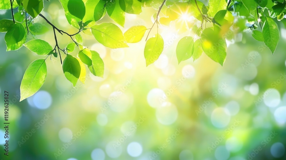 Poster Bokeh effect created by sunlight filtering through vibrant green leaves in a serene natural setting
