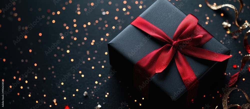 Poster elegant black christmas gift box with red bow on festive background perfect for custom text and holi