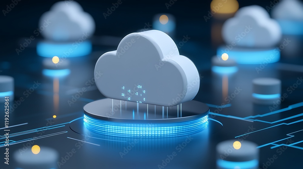 Poster abstract cloud computing concept with data transmission, digital network, virtual storage, and techn