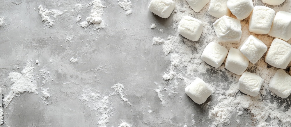 Aufkleber Top view of almond marshmallows on gray background with ample empty space for text and design elements suitable for advertising or promotions