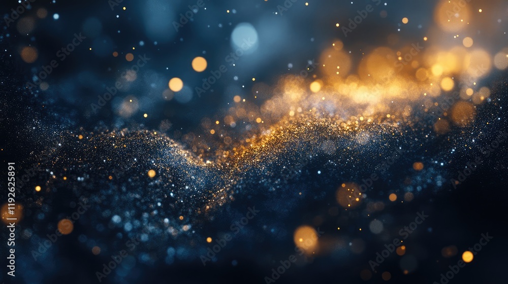 Poster Abstract bokeh light background with shimmering particles in blue and gold tones creating a dreamy and atmospheric effect
