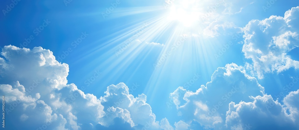 Poster blue sky with white clouds and sun rays creating a serene atmosphere ideal for text overlay or trave