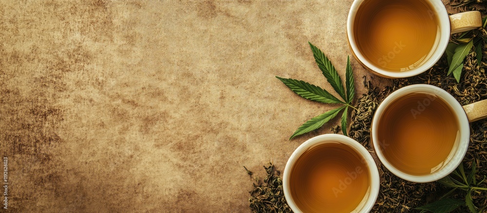 Poster organic hemp tea banner with cups on a textured background featuring empty copy space for promotiona