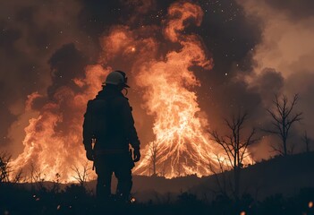 Fototapeta premium Firefighter Silhouette Standing Before Raging Wildfire, Epic Scene