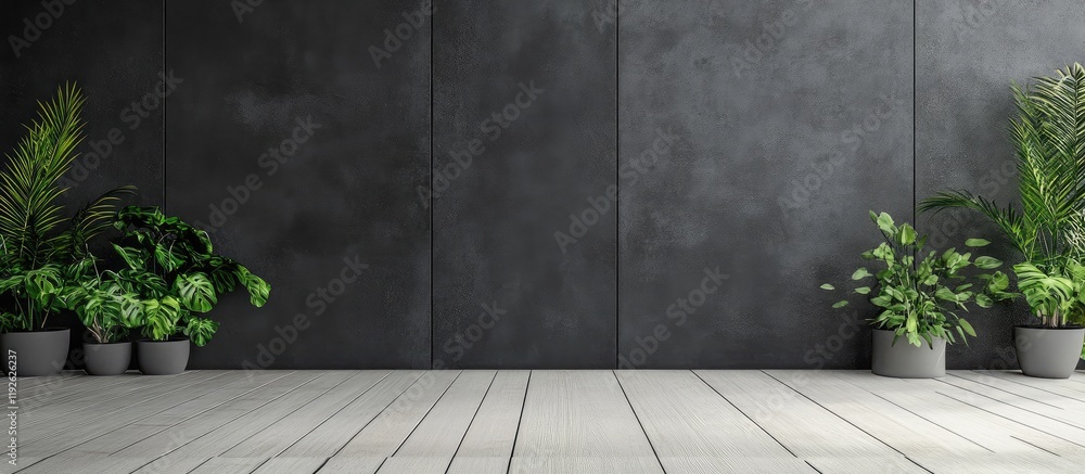 Poster grunge black concrete wall with textured grey finish and potted plants creating a stylish minimalist
