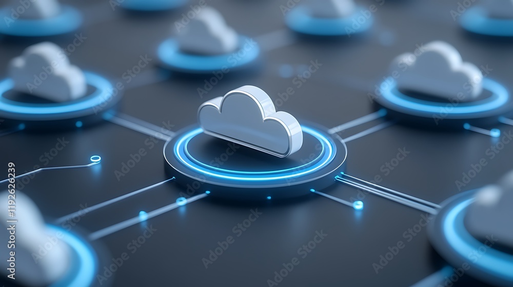 Poster abstract cloud computing concept with digital connectors and illuminated network structure