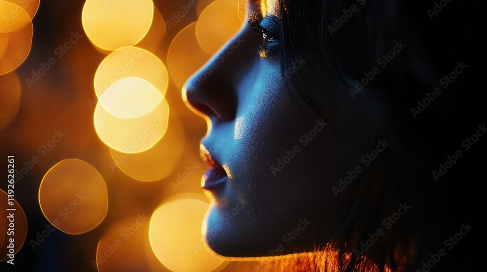 Poster Bokeh light effects creating a colorful background with a woman's silhouette in profile against a dark setting