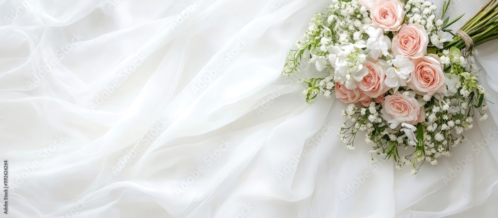 Poster elegant wedding banner featuring floral arrangement on soft draped fabric with blank copyspace for c