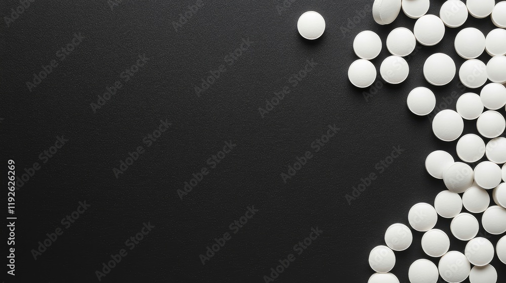 Poster Minimalistic banner background design with scattered white pills on a dark surface and ample empty space for text placement