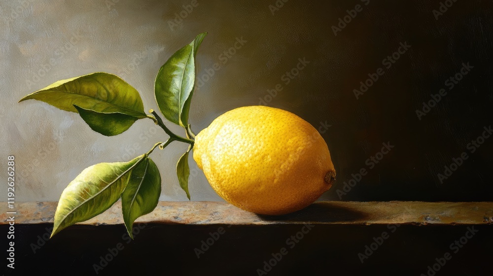 Aufkleber vibrant yellow lemon with green leaves resting on a rustic wooden shelf against a muted background c