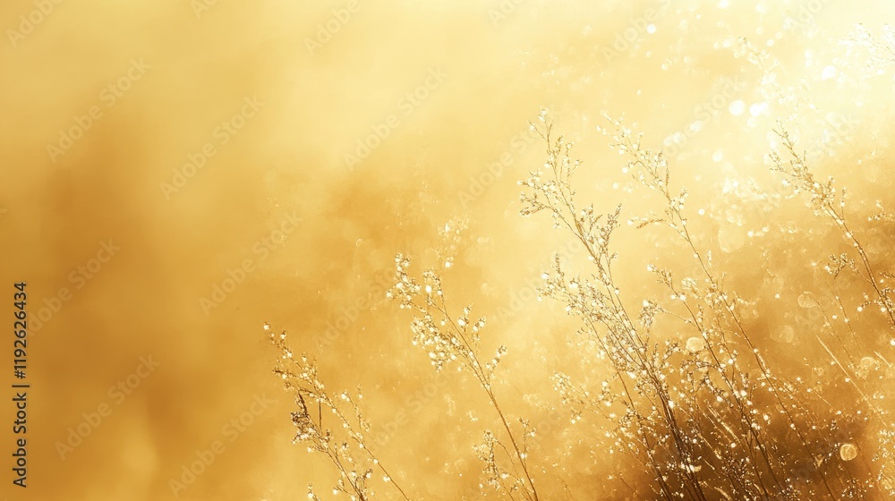 Poster golden morning light illuminating dewdrops on grass creating a stunning bokeh effect natural backgro
