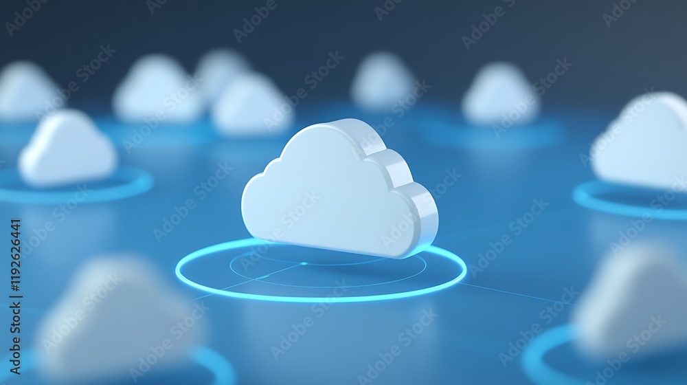 Poster abstract cloud computing concept with floating clouds and circular markers in blue technology backgr