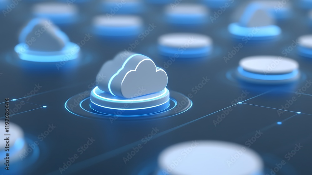 Poster abstract cloud computing concept with floating 3d cloud icons and neon blue circles in dark backgrou