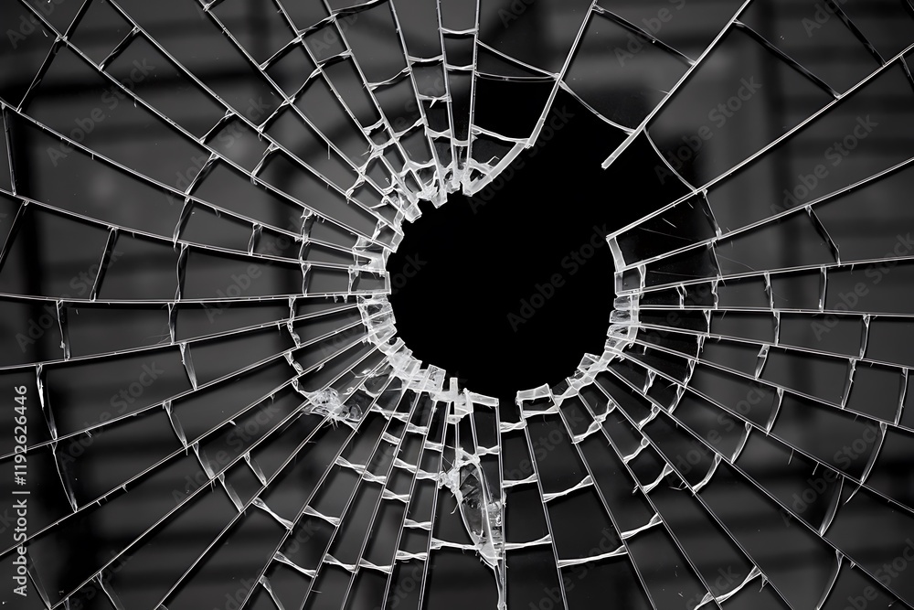 Poster black-and-white photograph of a shattered window, featuring a central void with spiderweb-like crack