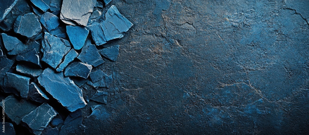 Leinwandbilder Blue stone fragments on a dark textured background with ample empty space for text or branding in a professional design setting