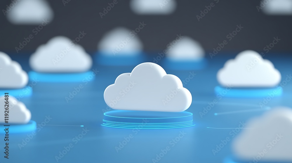 Poster abstract cloud computing concept with floating clouds and glowing digital connections in blue backgr