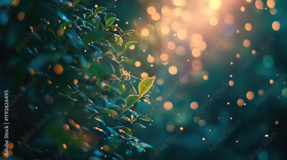 Poster colorful bokeh lights illuminating lush greenery in a serene natural environment during twilight cre