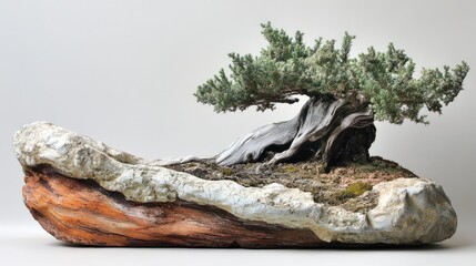 Fototapeta premium Artistic bonsai juniperus tree on a textured stone base showcasing intricate details and natural beauty in a minimalist setting.
