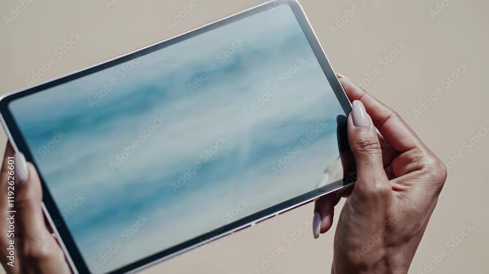 Poster hands holding a tablet displaying a serene ocean view, emphasizing a calm and connected digital expe