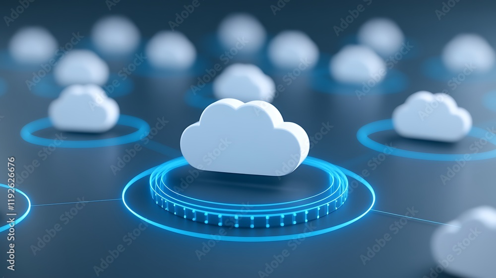 Aufkleber Abstract Cloud Computing Concept with Floating White Clouds and Glowing Blue Circles on Dark Background
