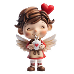 Fototapeta premium Cute figurine of a winged character enjoying a warm drink isolated on white