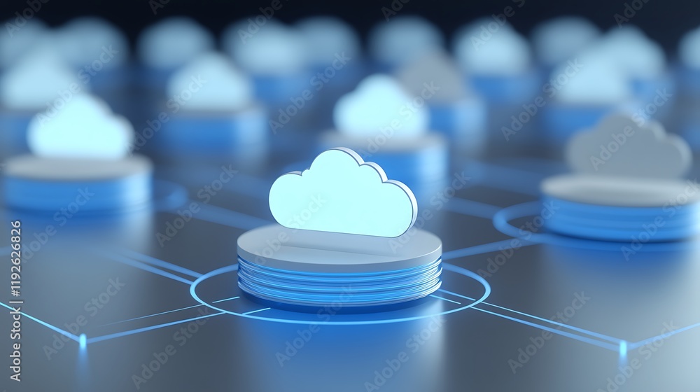 Poster abstract cloud computing concept with multiple layered circles and floating clouds in blue digital s