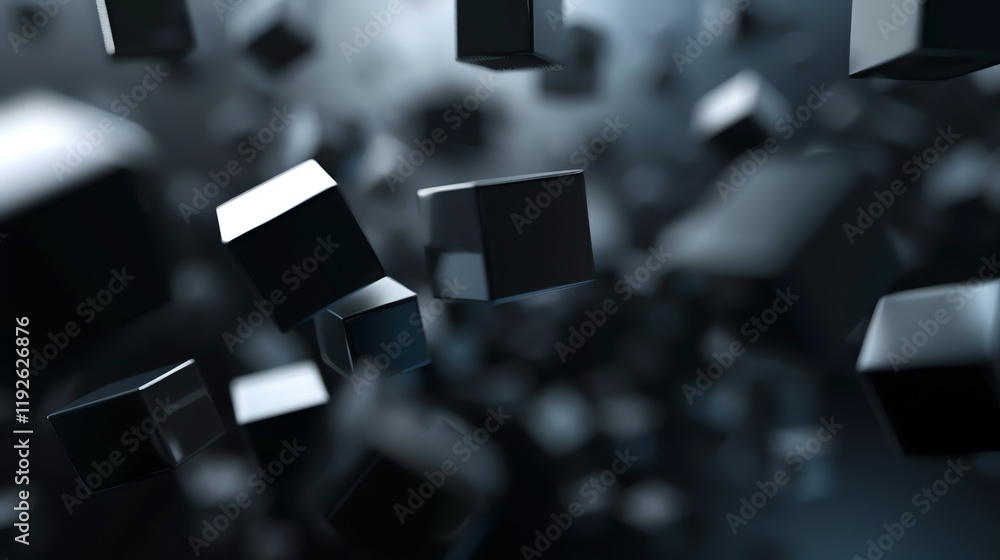 Poster a 3d rendering of black cubes floating in space.