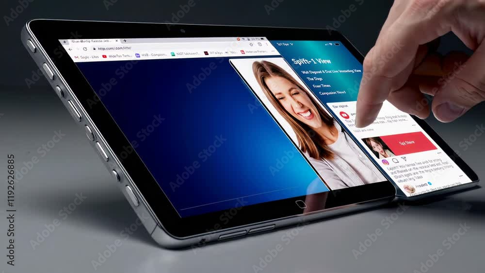 Poster tablet displaying a video call interface with a hand interacting on the screen in a sleek, modern se