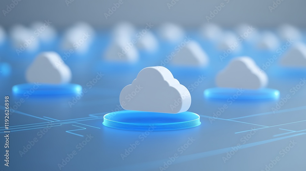 Poster abstract cloud computing concept with white clouds and blue circles in a digital network environment