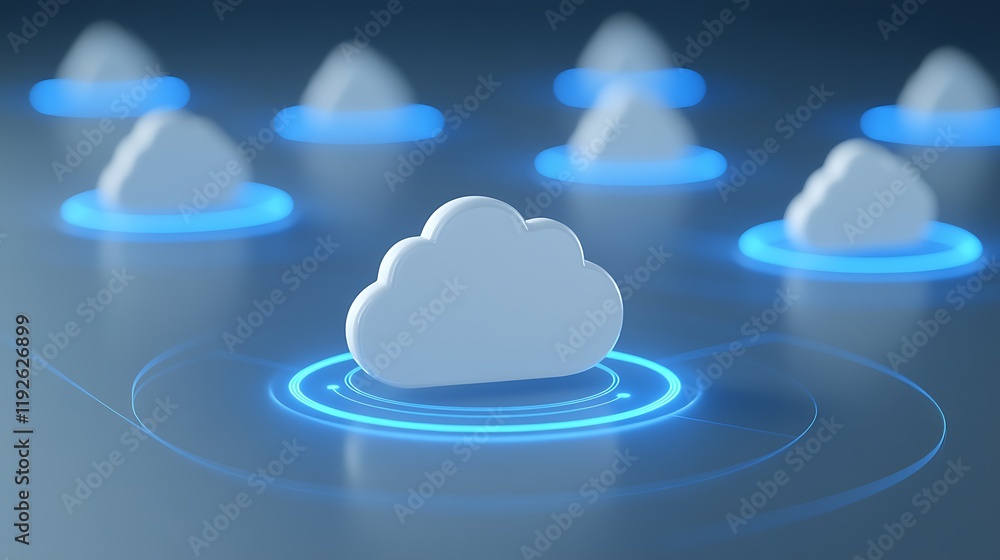 Aufkleber abstract cloud computing concept with white clouds and blue circles on modern digital background