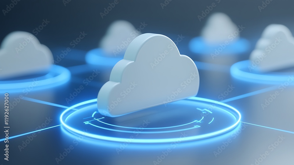 Aufkleber abstract cloud computing concept with white clouds on a dark background and glowing tech elements