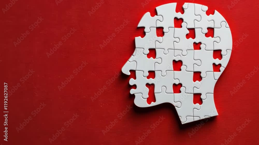 Poster puzzle of a head with a red background. the puzzle is incomplete and the head is missing pieces
